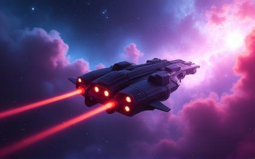 Futuristic spaceship racing through a nebula from Galactic Drift game.
