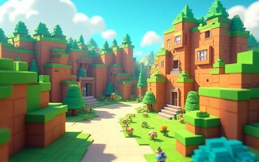 Screenshot of a vibrant, blocky world from Pixel Haven game.